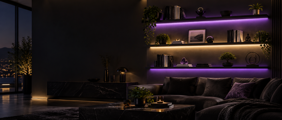 Modern LED shelf lighting in a luxury living room